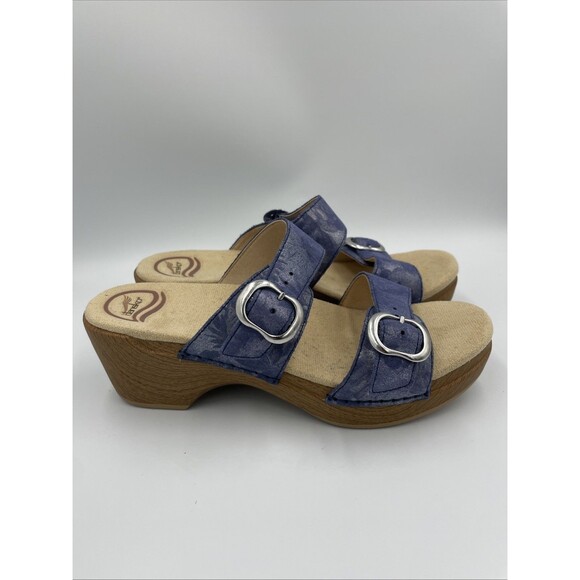Dansko Women's Sophie Blue Denim Metallic Leather Slide Sandal Size 38 Womens 8 - Picture 2 of 10